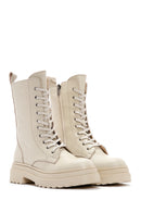Women's Cream Zippered Leather Combat Boots | Derimod