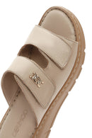 Women's Beige Double-Strap Leather Comfort Slippers | Derimod