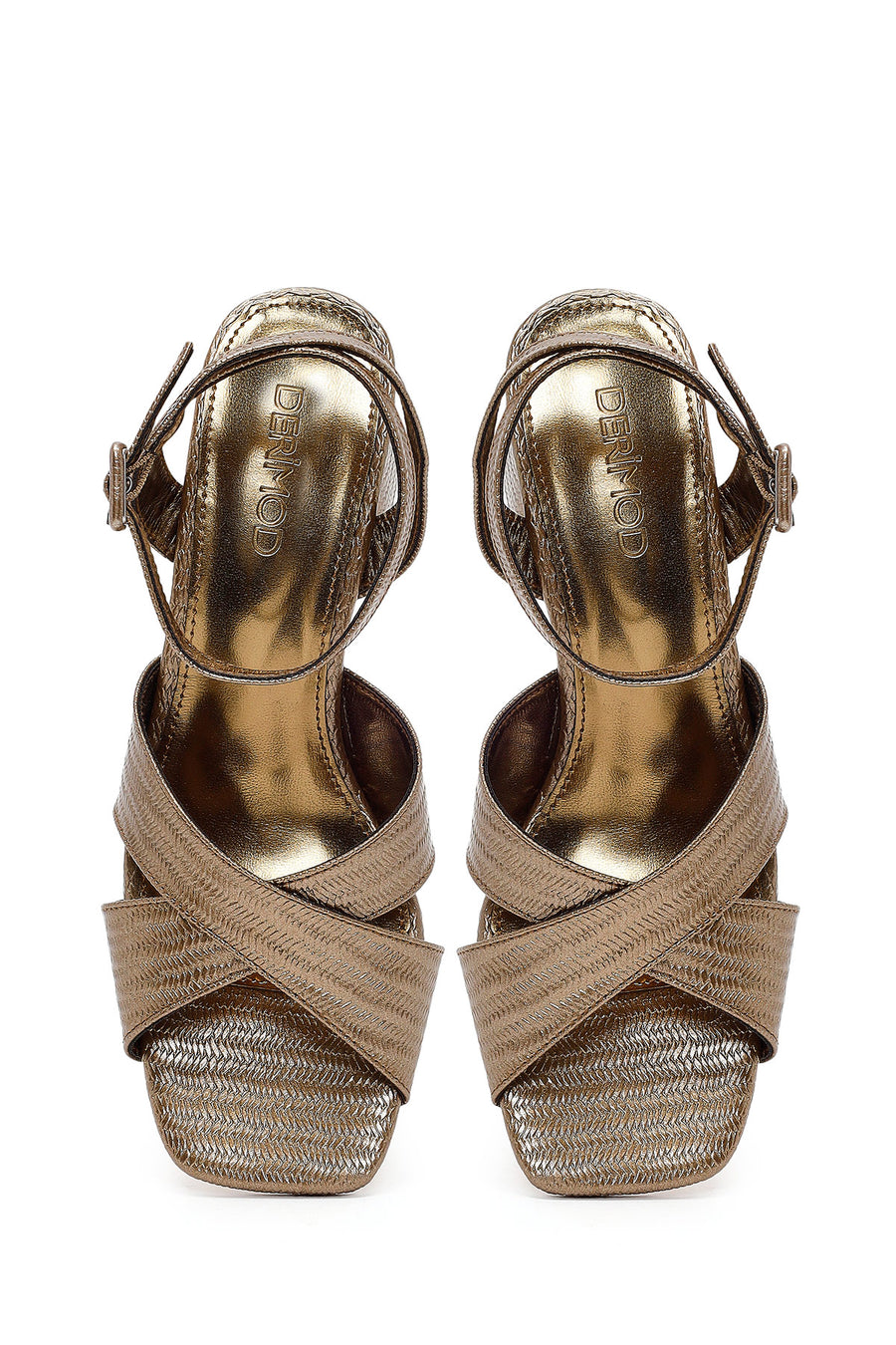 Woman Bronze Ankle-Buckle Printed Block-Heel Sandals