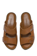 Women's Tan Double-Strap Leather Comfort Slippers | Derimod