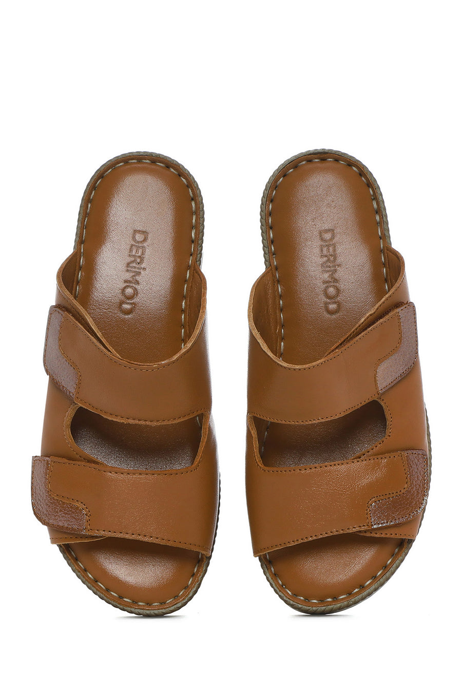 Women's Tan Double-Strap Leather Comfort Slippers