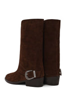 Woman Brown Buckled Short Thick-Heeled Suede Boots | Derimod