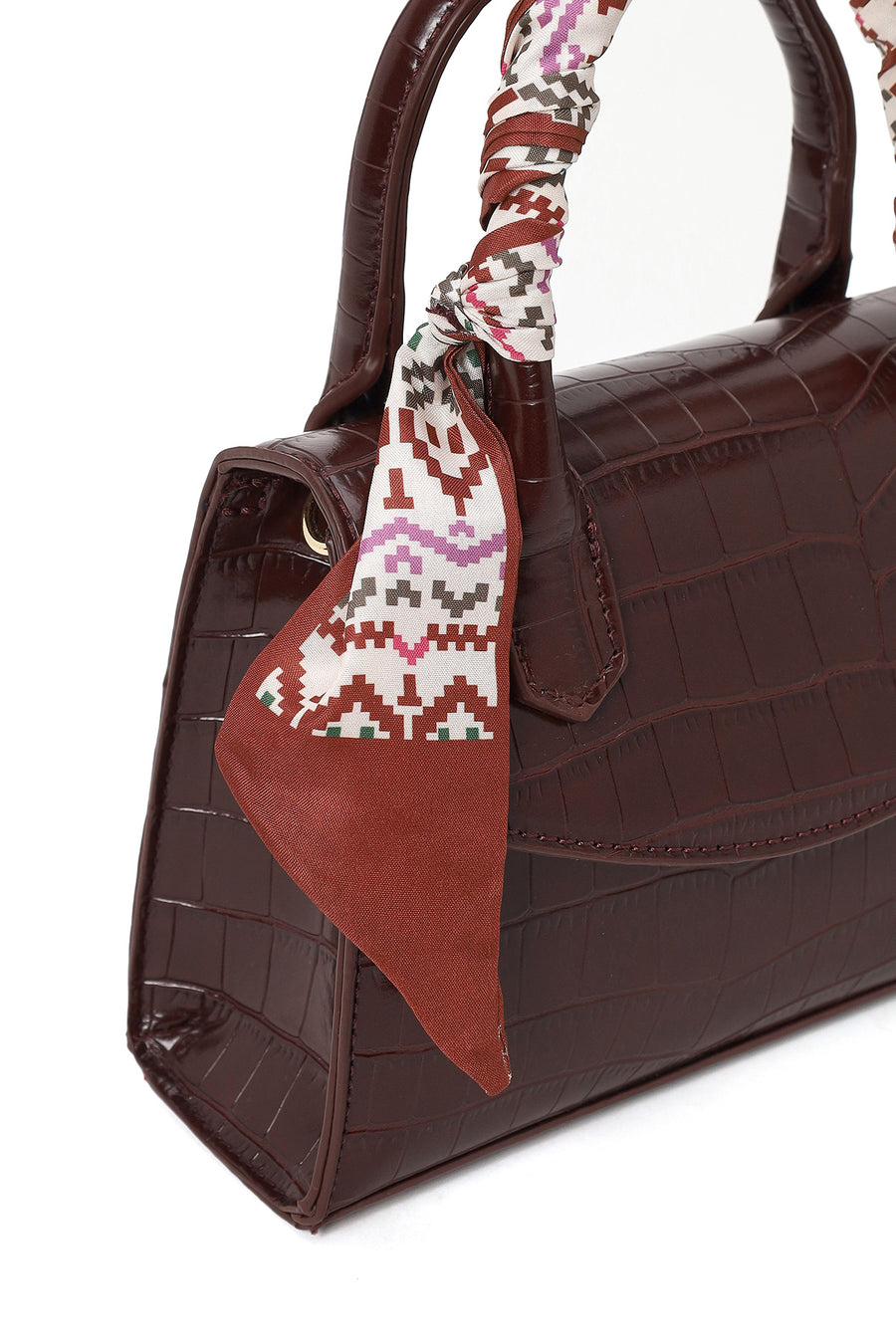 Woman Burgundy Croco Mini Shoulder Bag with Long Strap