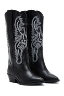 Women's Black Patterned Leather Cowboy Boots | Derimod
