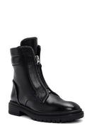 Women's Black Zippered Stoned Leather Combat Boots | Derimod