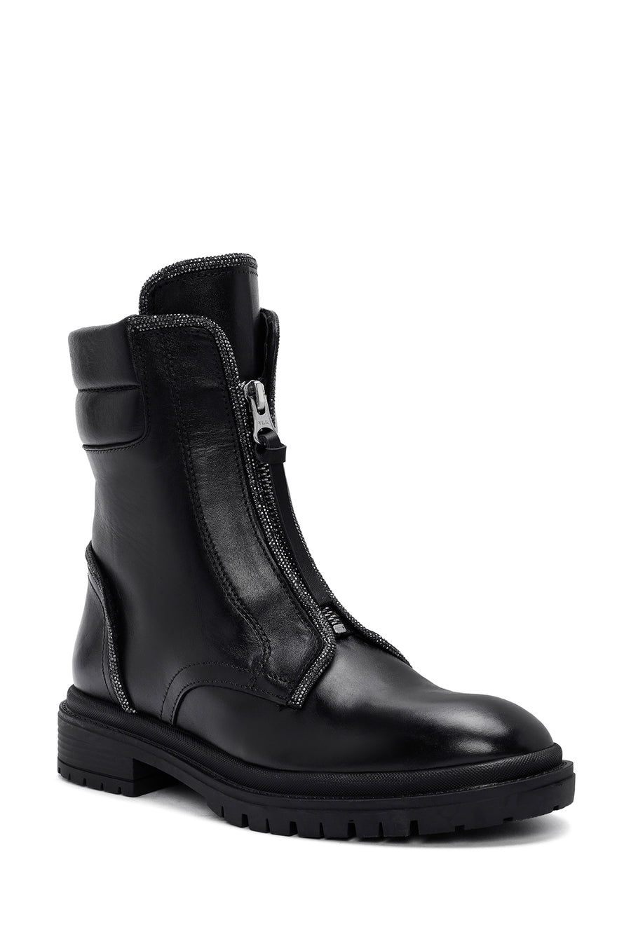 Women's Black Zippered Stoned Leather Combat Boots