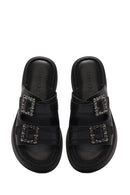 Women's Black Double Buckle Thick-Soled Leather Comfort Slippers | Derimod