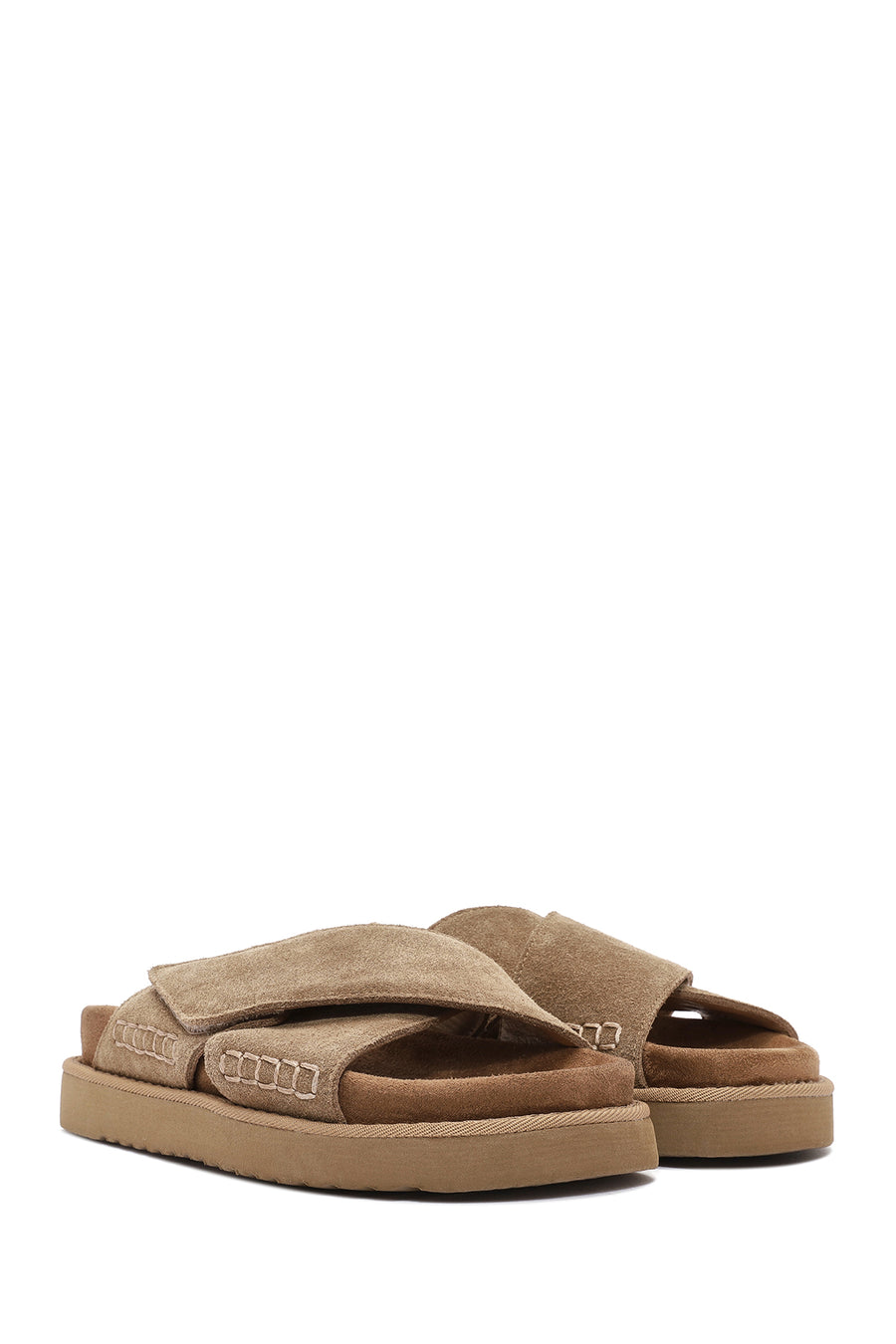 Women's Brown Strappy Thick Soled Suede Leather Slippers