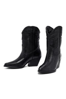 Woman Black Short Chunky Heel Leather Cowboy Boots | Derimod