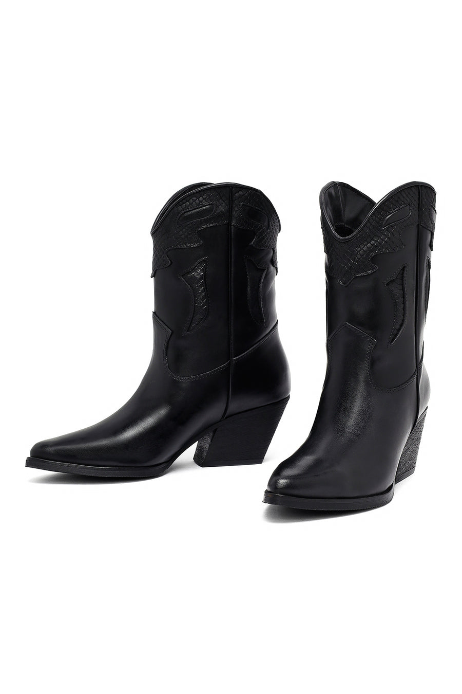 Woman Black Short Chunky Heel Leather Cowboy Boots