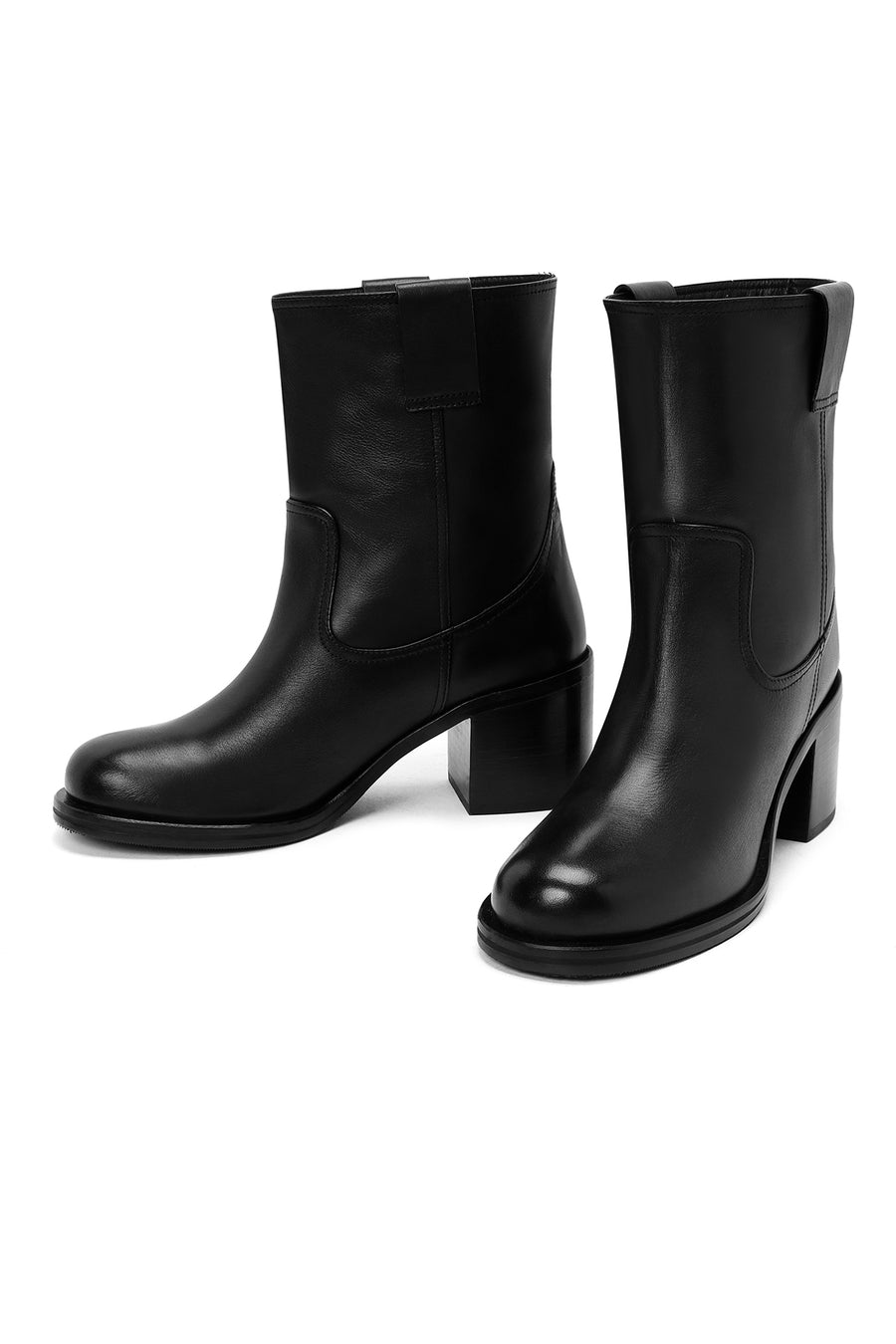 Women's Black Thick Heeled Leather Boots