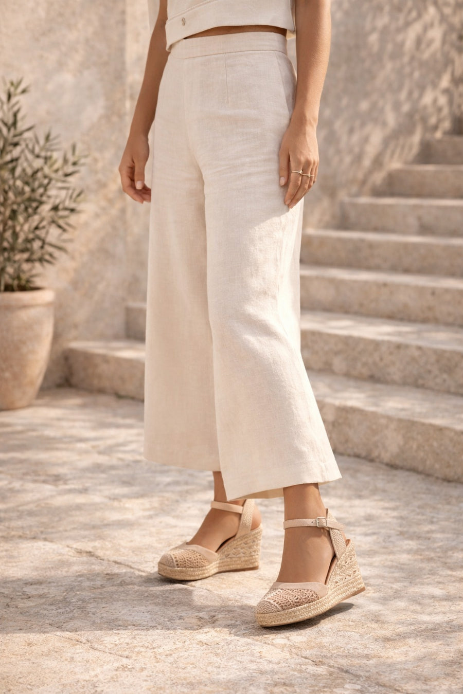 Women's Beige Ankle Strap Wedge Heeled Espadrille