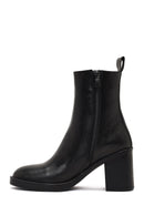 Woman Black Zip Closure Thick-Heeled Leather Boots | Derimod