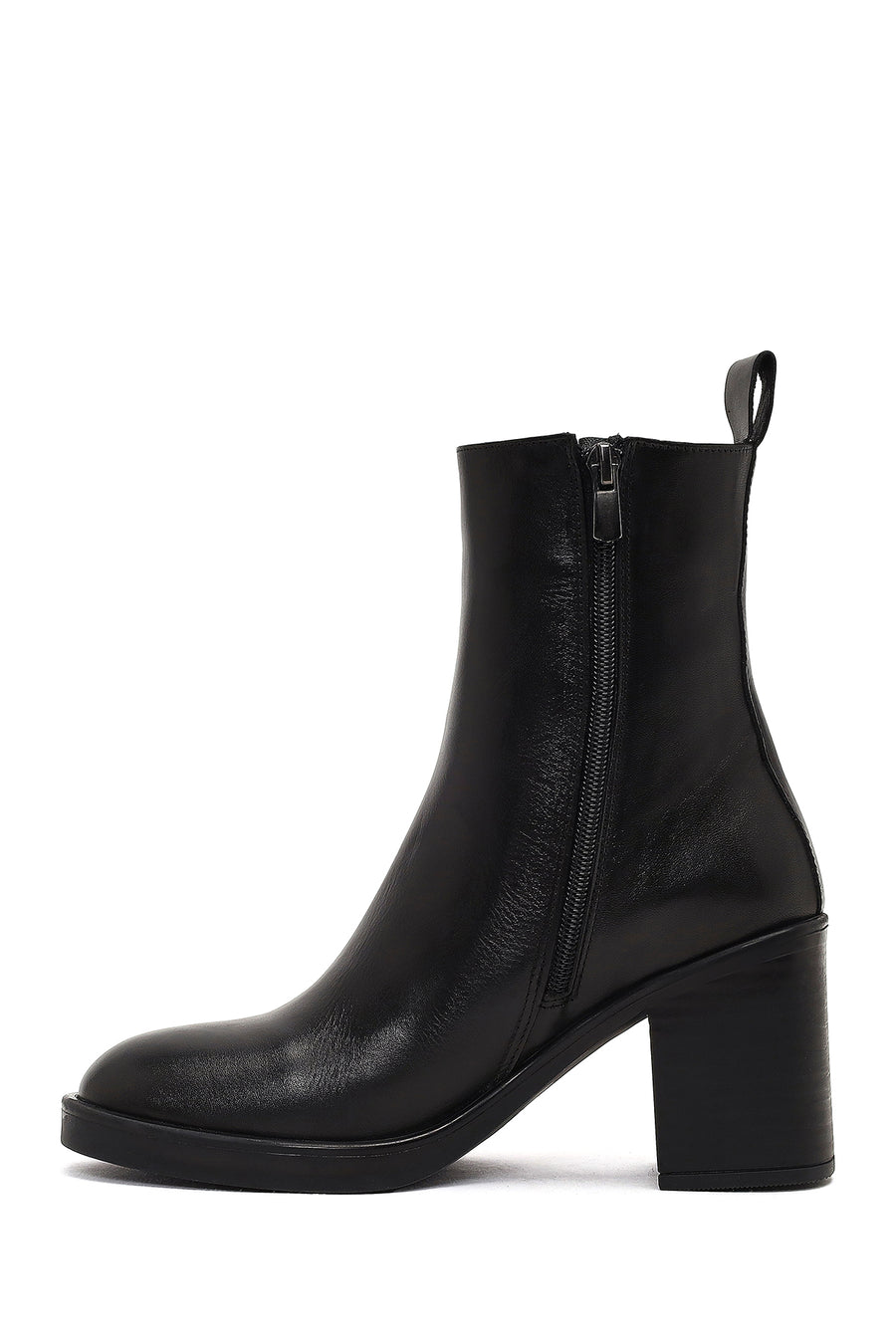 Woman Black Zip Closure Thick-Heeled Leather Boots