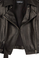 Avanti Woman Black Off-Shoulder Short Biker Leather Jacket | Derimod