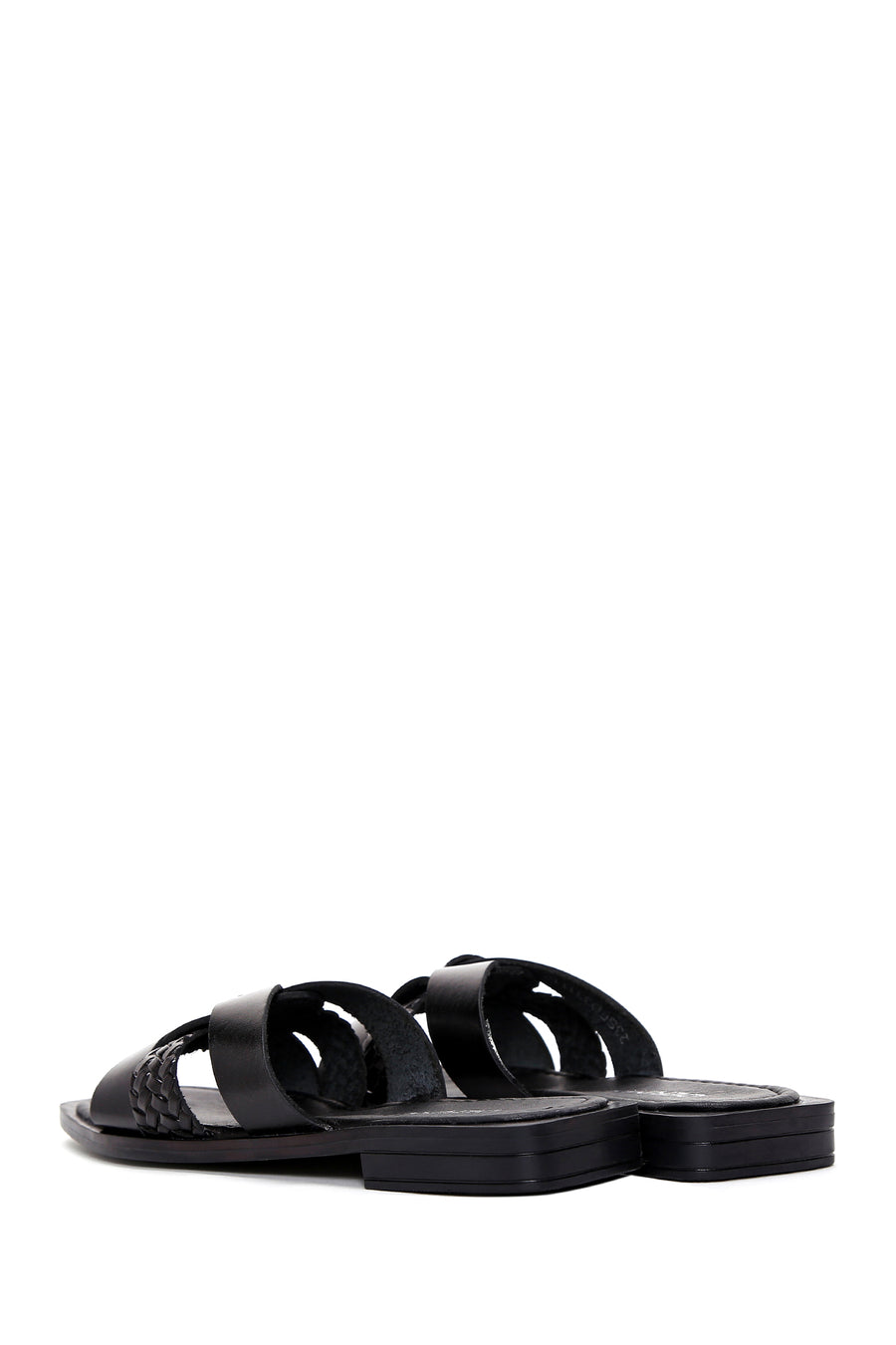 Women's Black Knitted Detailed Leather Slippers