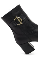 Women's Black Zippered Thick Heeled Leather Boot | Derimod