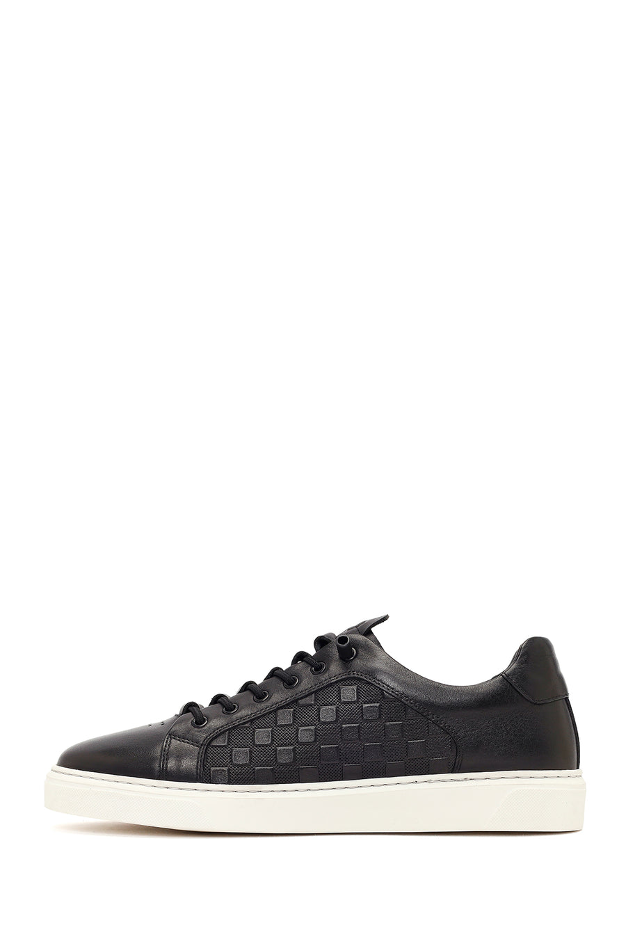 Erkek Siyah Bağcıklı Desenli Deri Sneaker