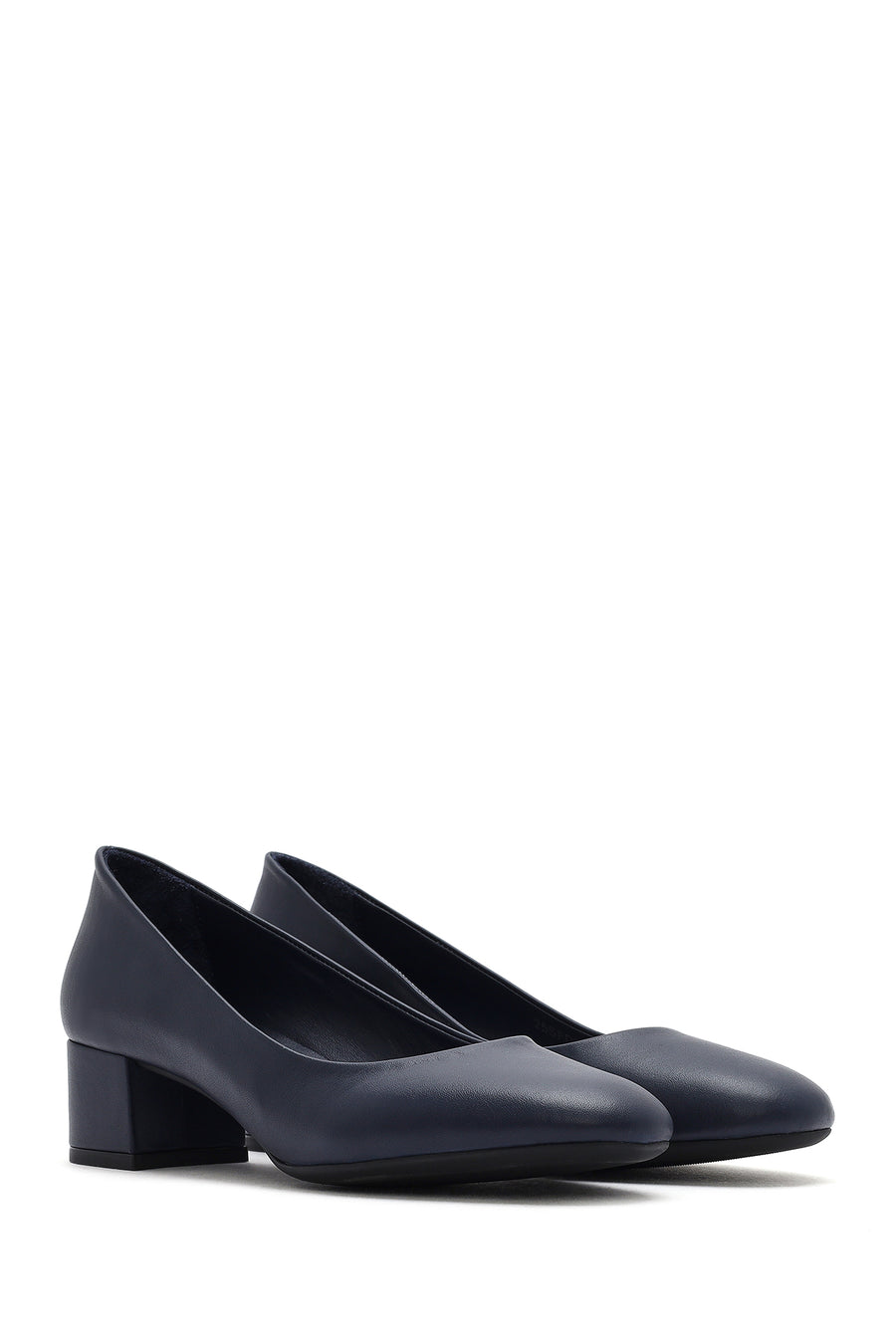 Women's Navy Blue Short Chunky Heeled Leather Shoes