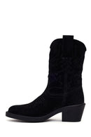Woman Black Short Chunky-Heel Suede Cowboy Boots | Derimod