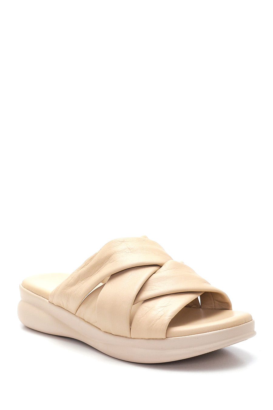Women's Beige Leather Casual Flat Slippers
