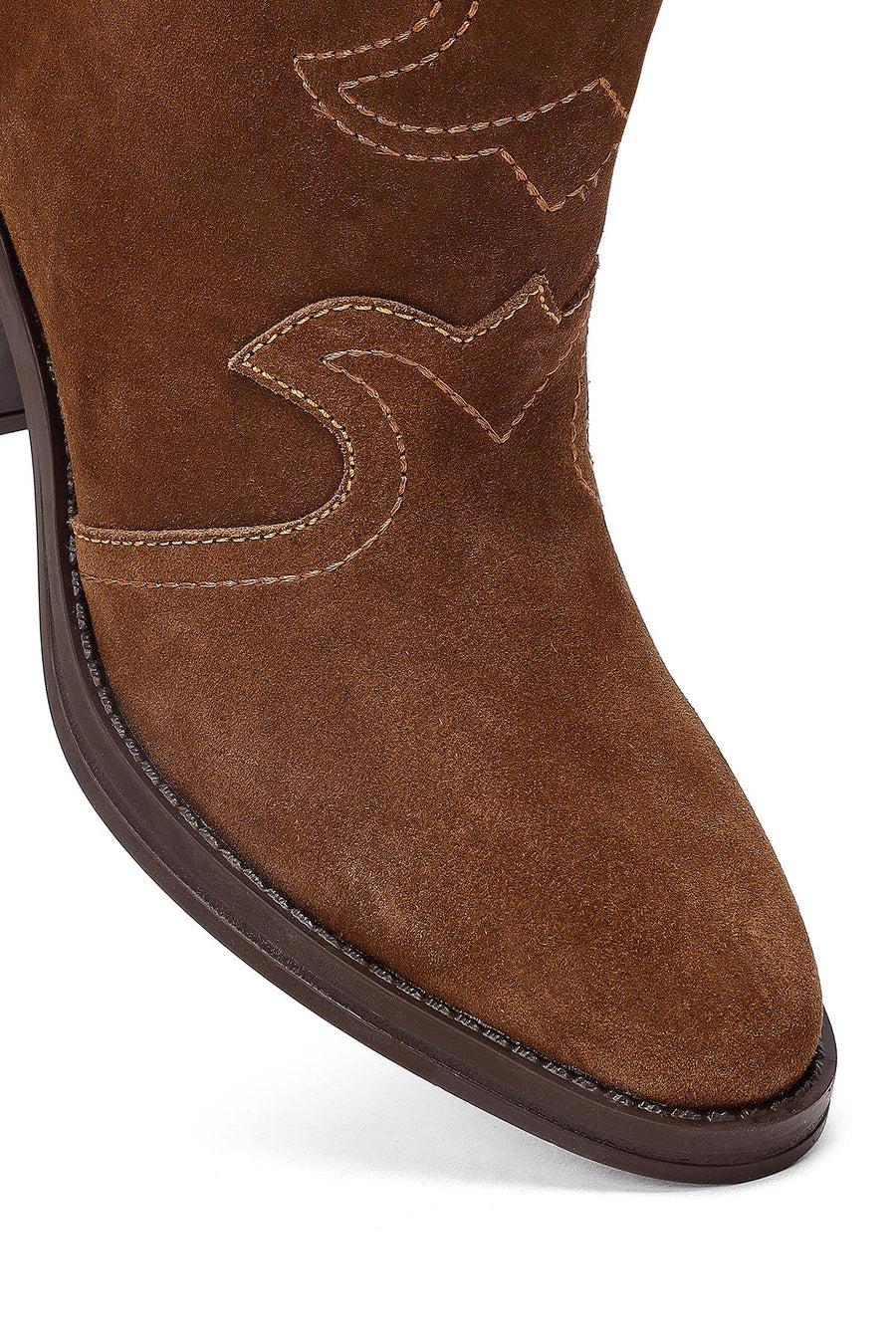 Woman Tan Suede Chunky Heel Leather Cowboy Boots
