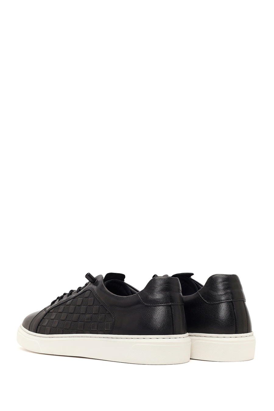 Erkek Siyah Bağcıklı Desenli Deri Sneaker