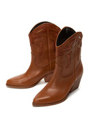Women's Tan Leather Heeled Cowboy Western Boots | Derimod