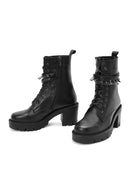 Women's Black Zippered Accessory Detailed Thick Heeled Leather Combat Boots | Derimod