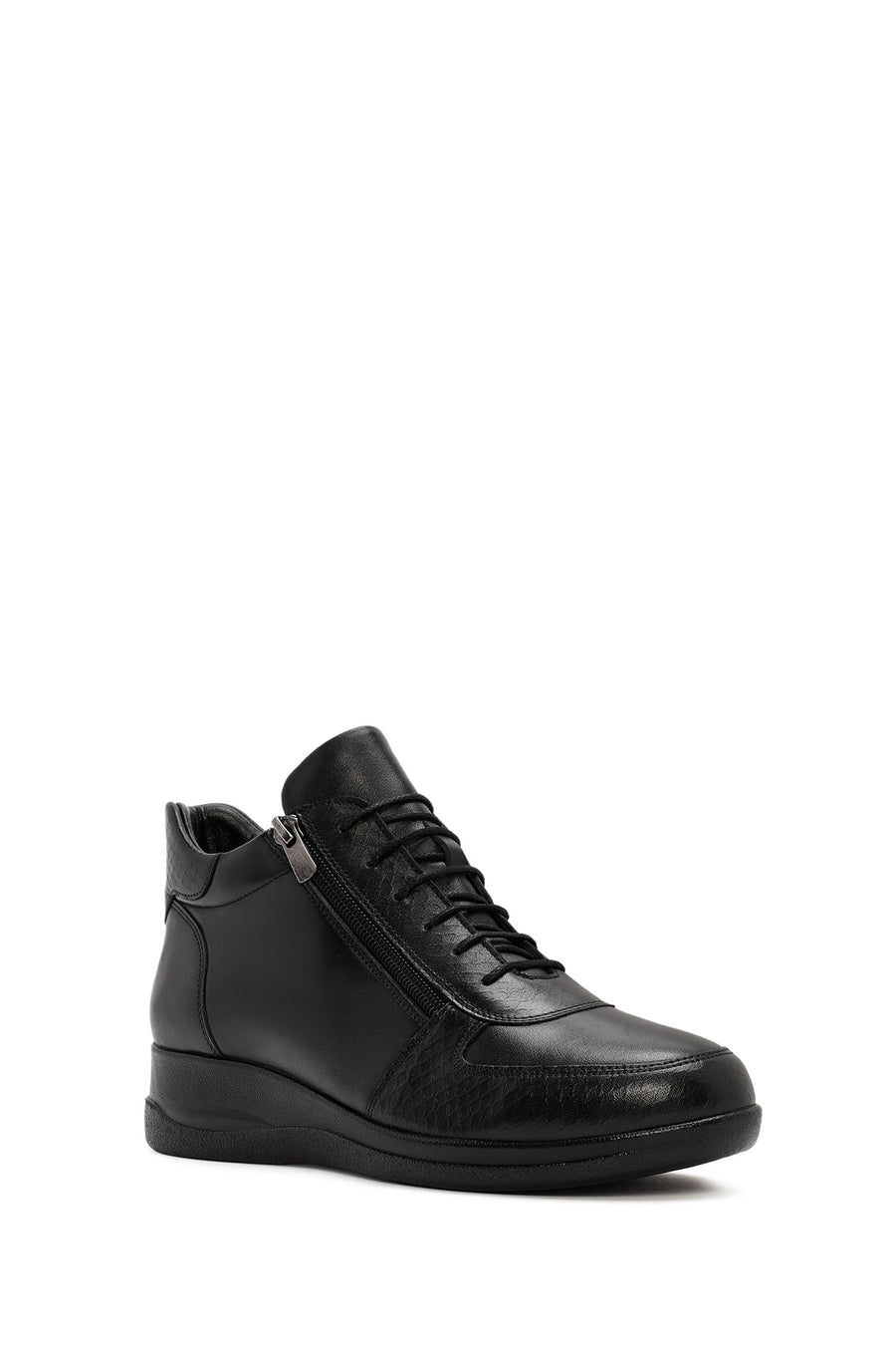 Women's Black Zippered Wedge Heel Leather Comfort Shoes