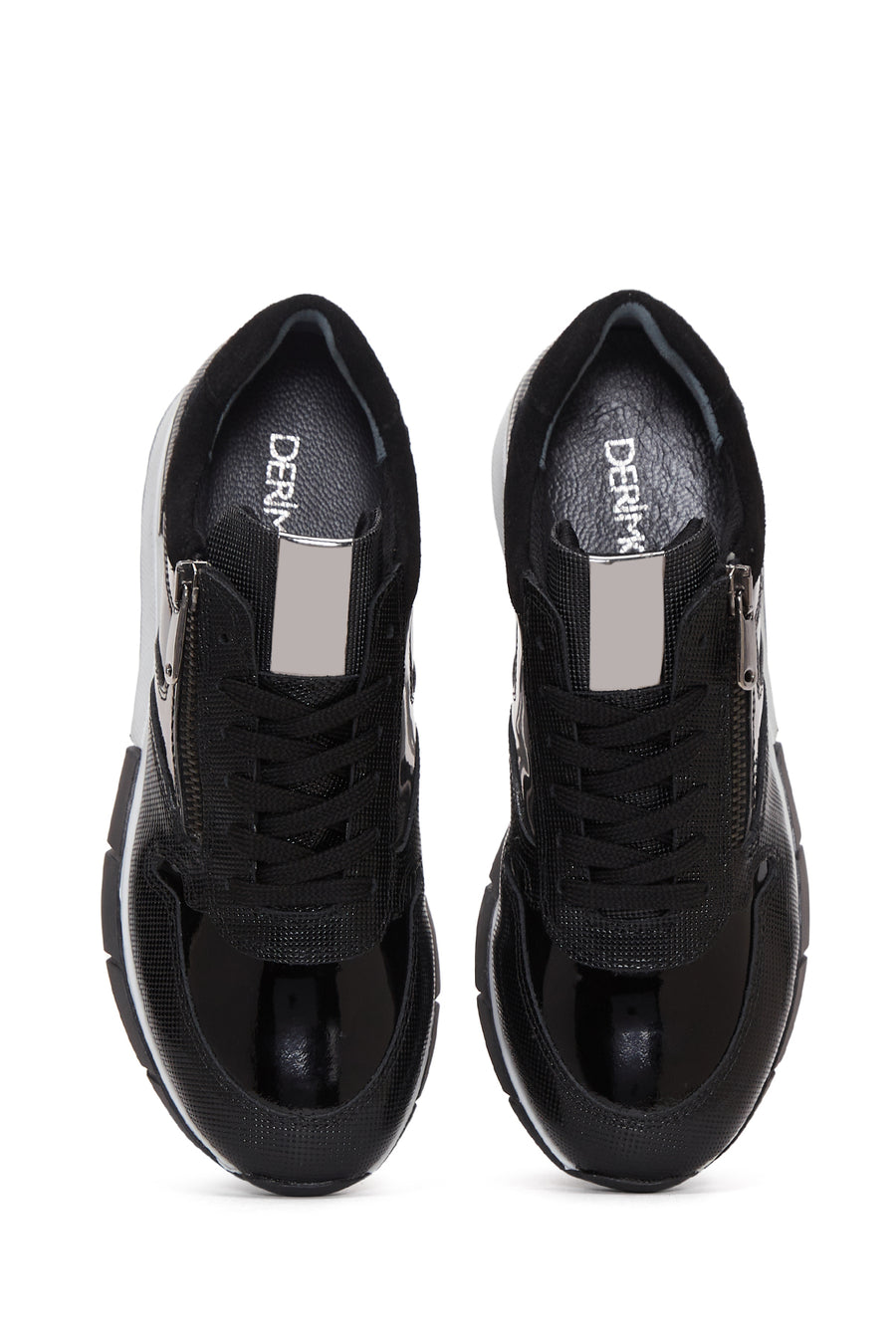Women's Black Lace-Up Zipper Detail Leather Sneakers