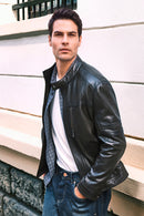 Karl Male Black Zip Closure Notched Collar Leather Jacket | Derimod
