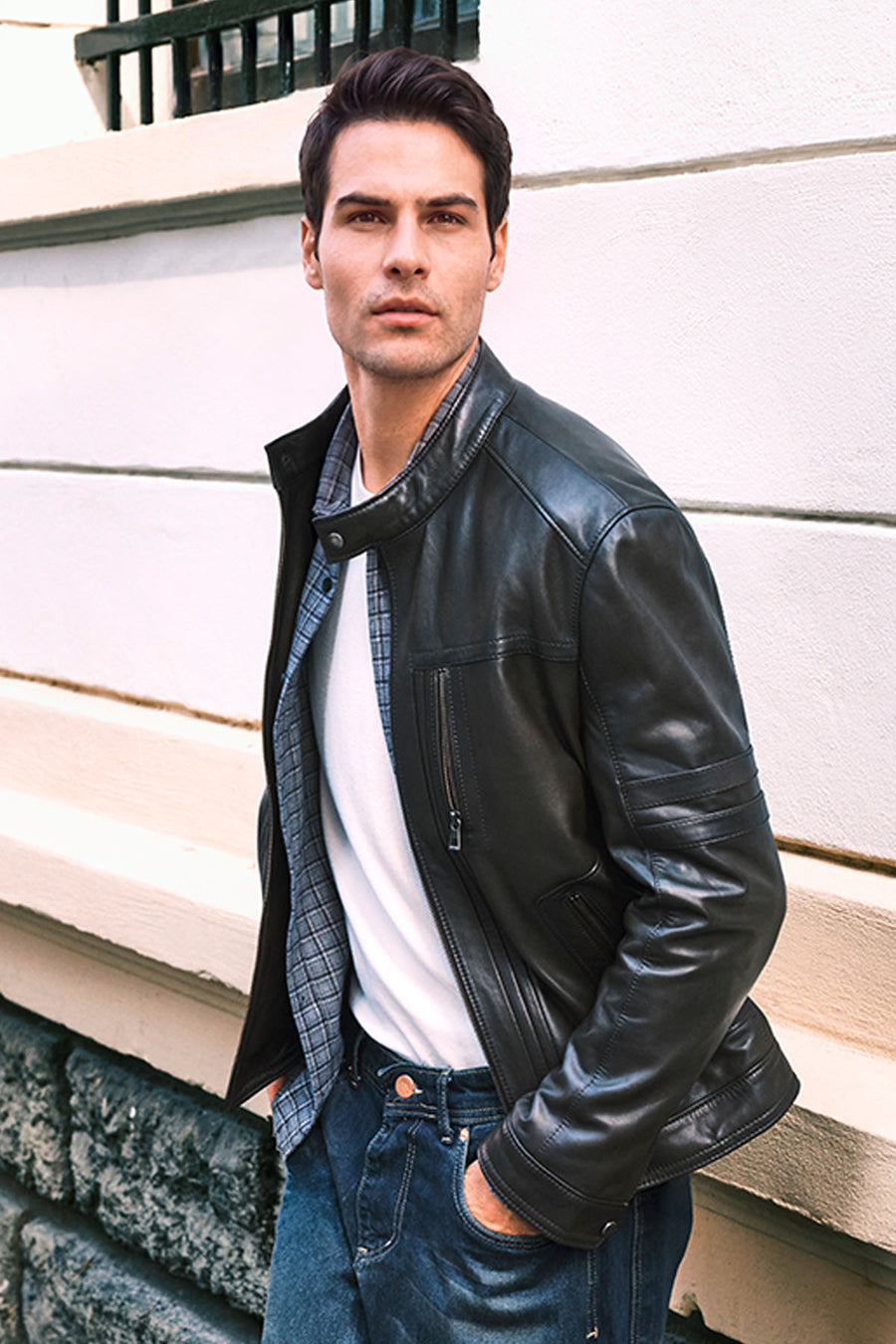 Karl Male Black Zip Closure Notched Collar Leather Jacket