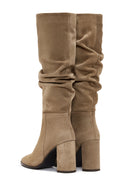 Woman Tan Zip Closure Thick-Heeled Suede Boot | Derimod