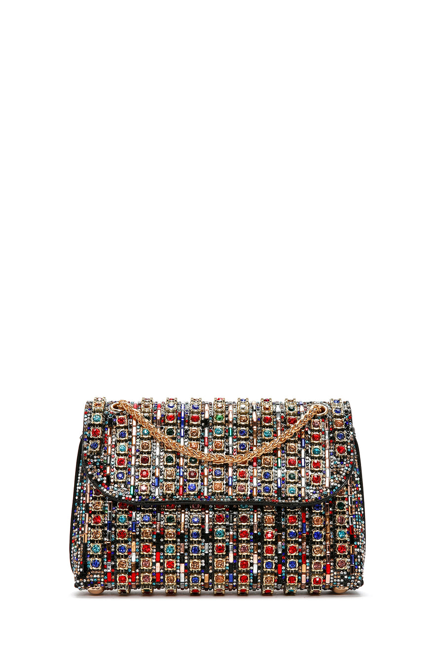 Women's Multicolored Long Chain Strap Stone-Embellished Evening Shoulder Bag