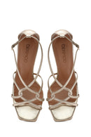 Women's Gold Ankle Buckle Thin Heel Metallic Leather Sandals | Derimod