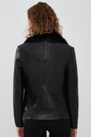 Vivien Women's Black Fur Collar Leather Jacket | Derimod