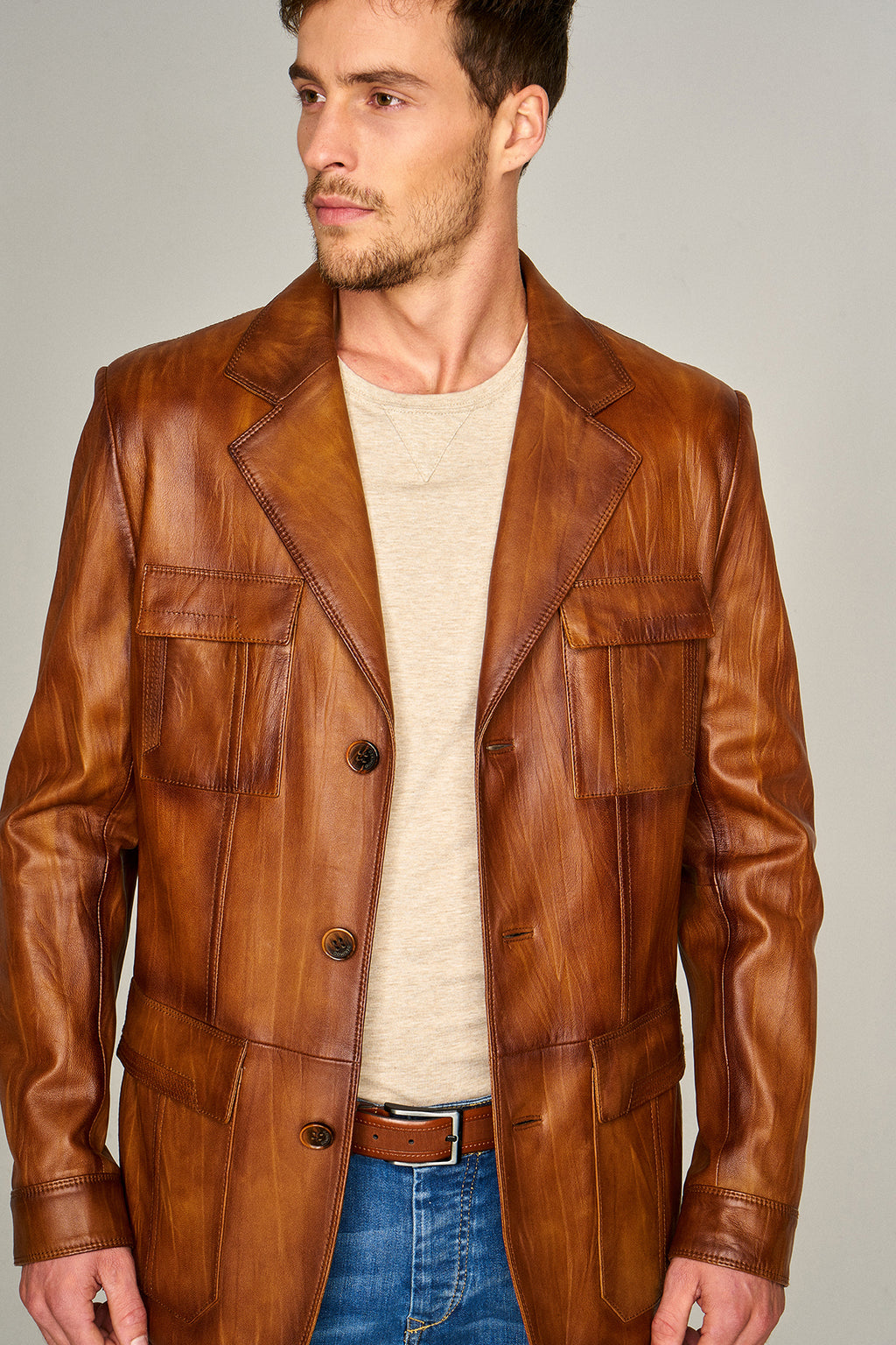 Kevin Erkek Camel Blazer Deri Ceket
