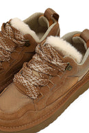 Women's Camel Lace-Up Thick-Soled Furry Suede Leather Teddy Sneaker | Derimod