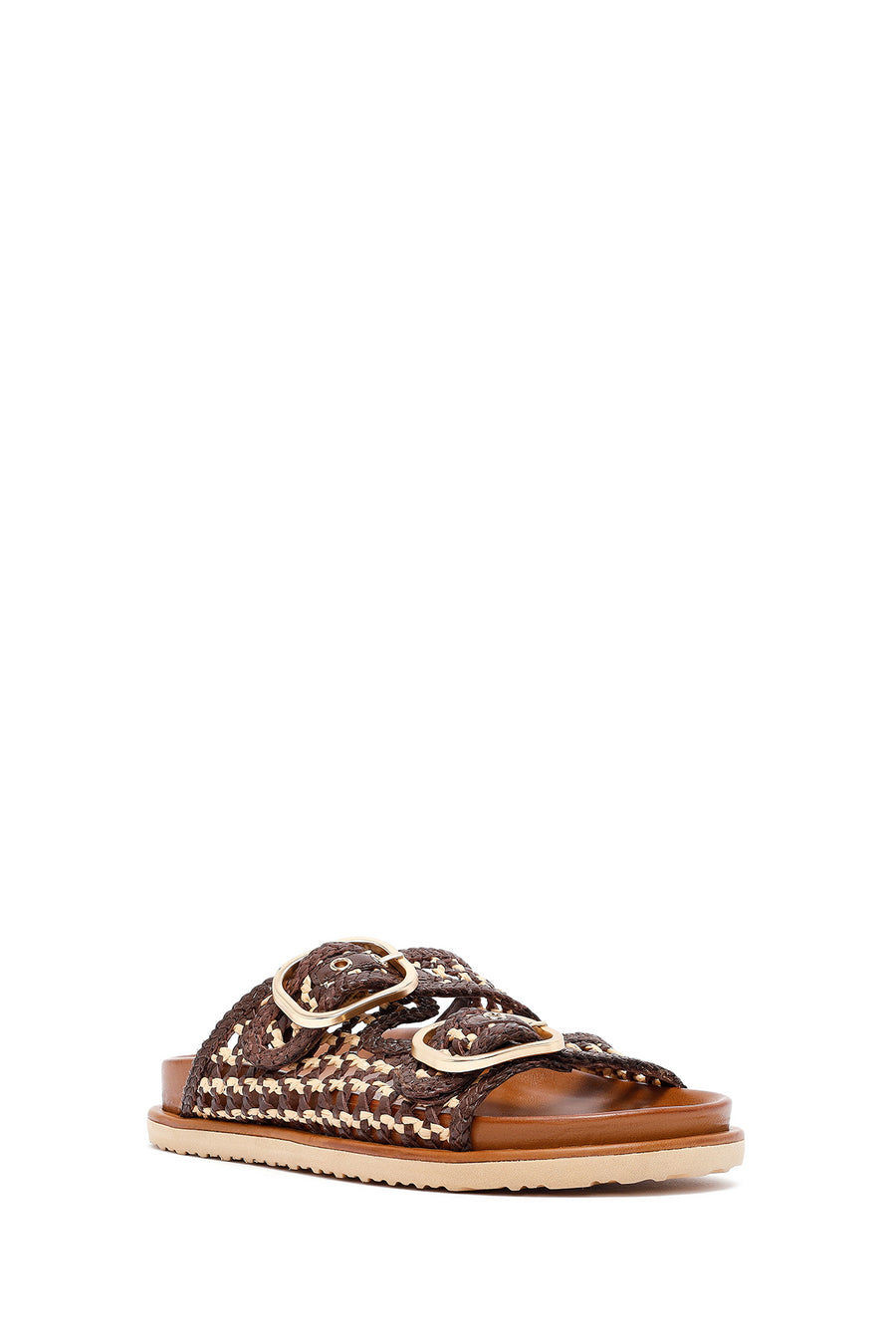 Women's Brown Double Buckled Straw Leather Slippers
