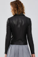 Bella Women's Black Slim-Fit Biker Leather Jacket | Derimod