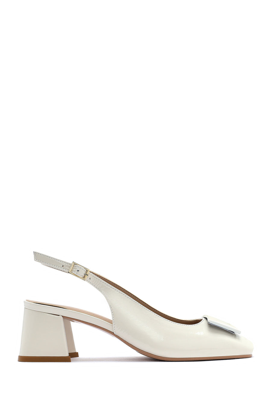 Women's Beige Ankle Buckle Open Back Low Thick Heel Patent Leather Shoes 25SFD182616 | Derimod
