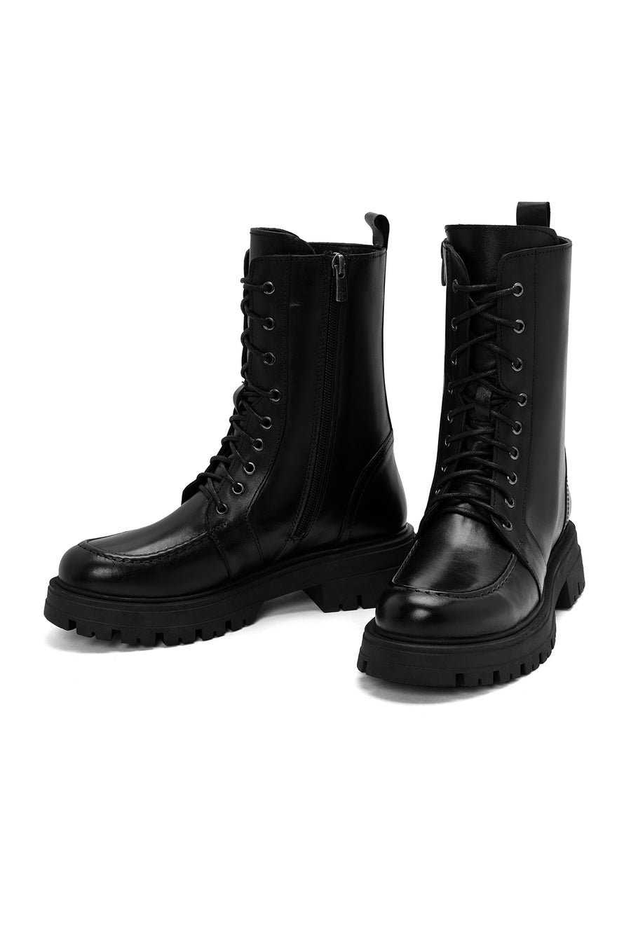 Woman Black Lace-Up Zipper Detail Leather Postal Boots