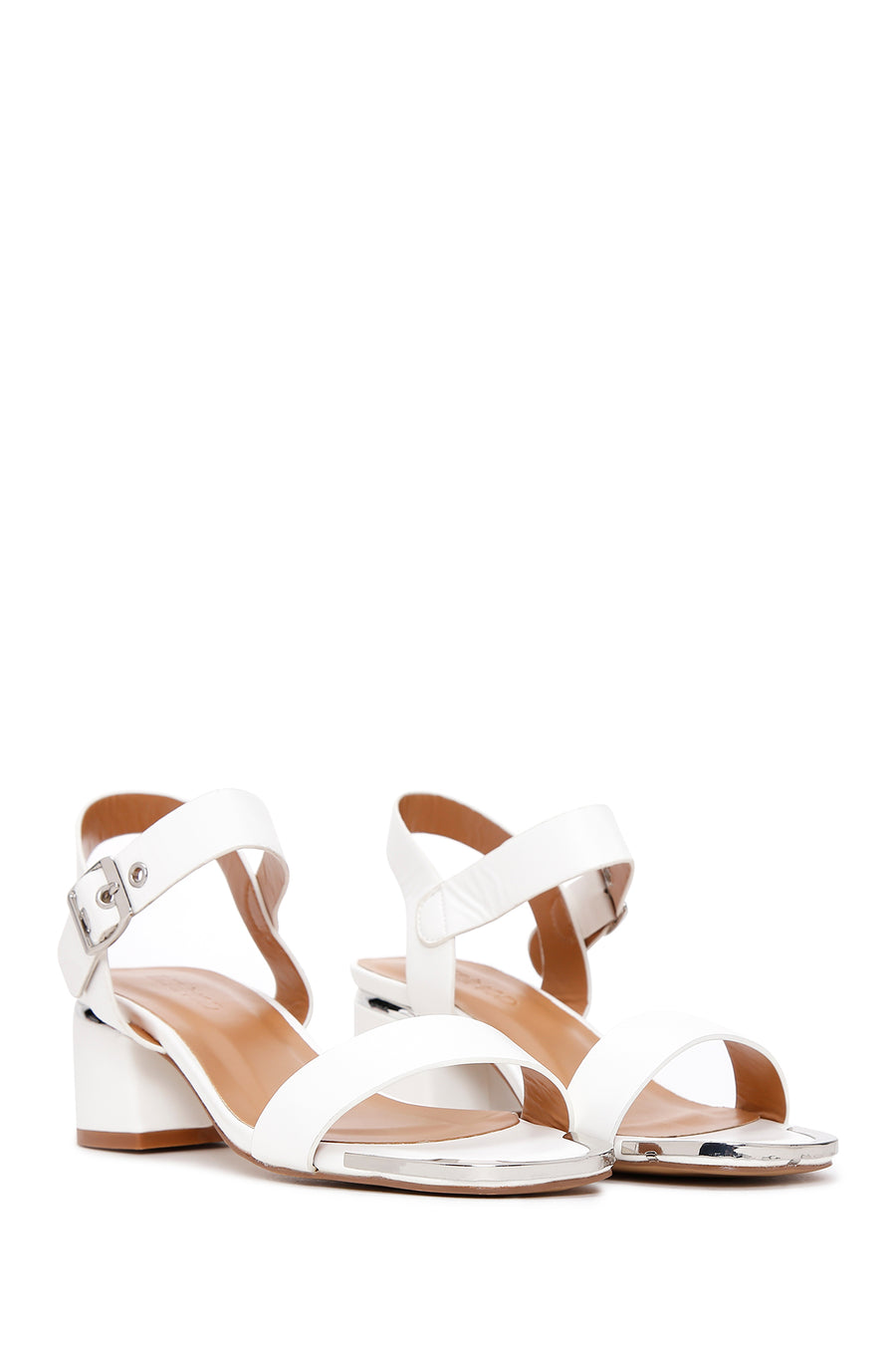 Women's White Ankle Strap Low Heeled Sandals