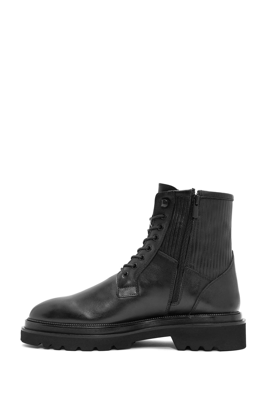 Men's Black Lace-Up Zipper Detailed Leather Casual Boots