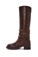 Women's Brown Chunky Heel Biker Leather Boots | Derimod