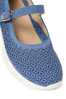 Woman Blue Buckled Patterned Suede Comfort Shoes | Derimod