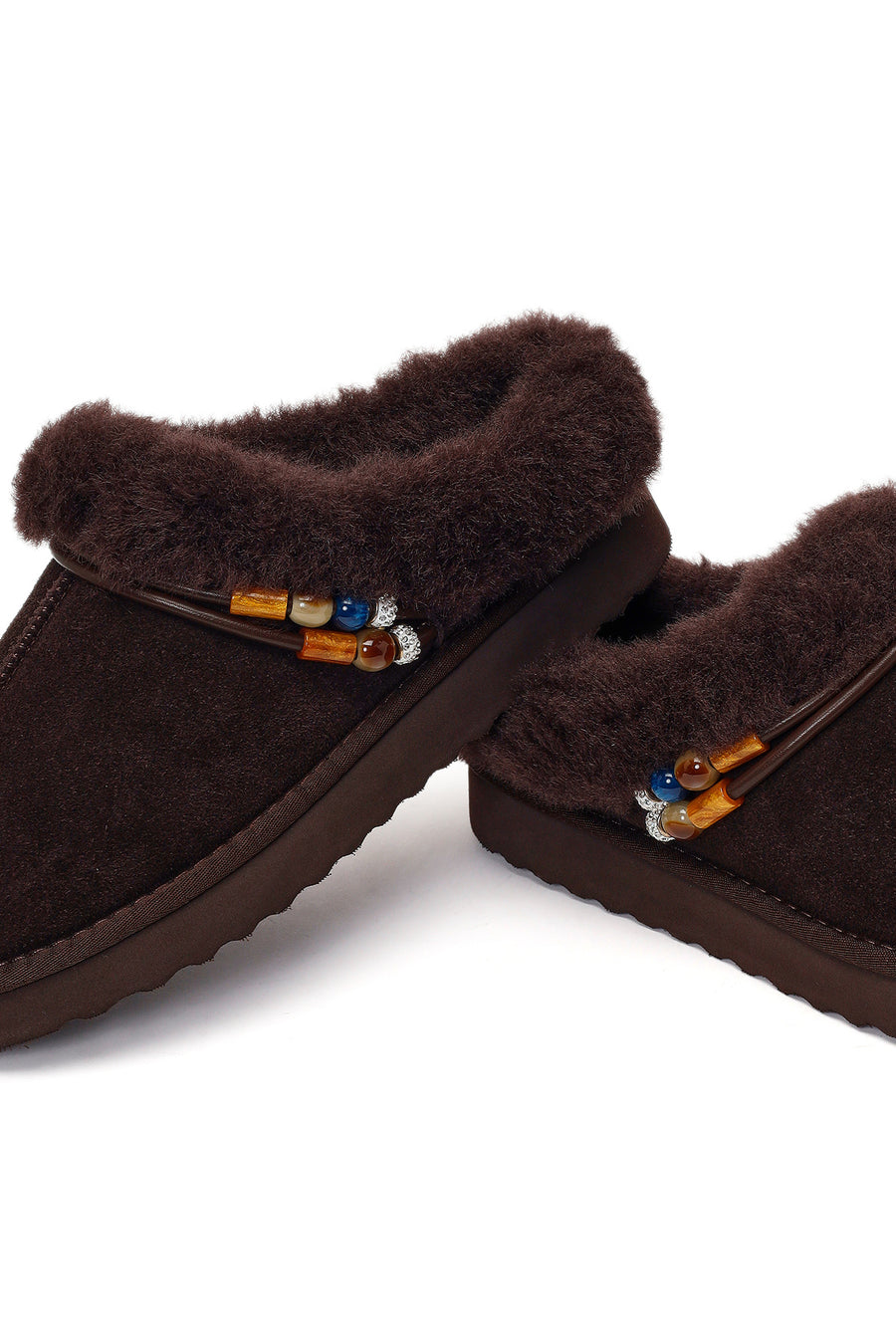 Woman Brown Stone-Embellished Suede Teddy Slipper