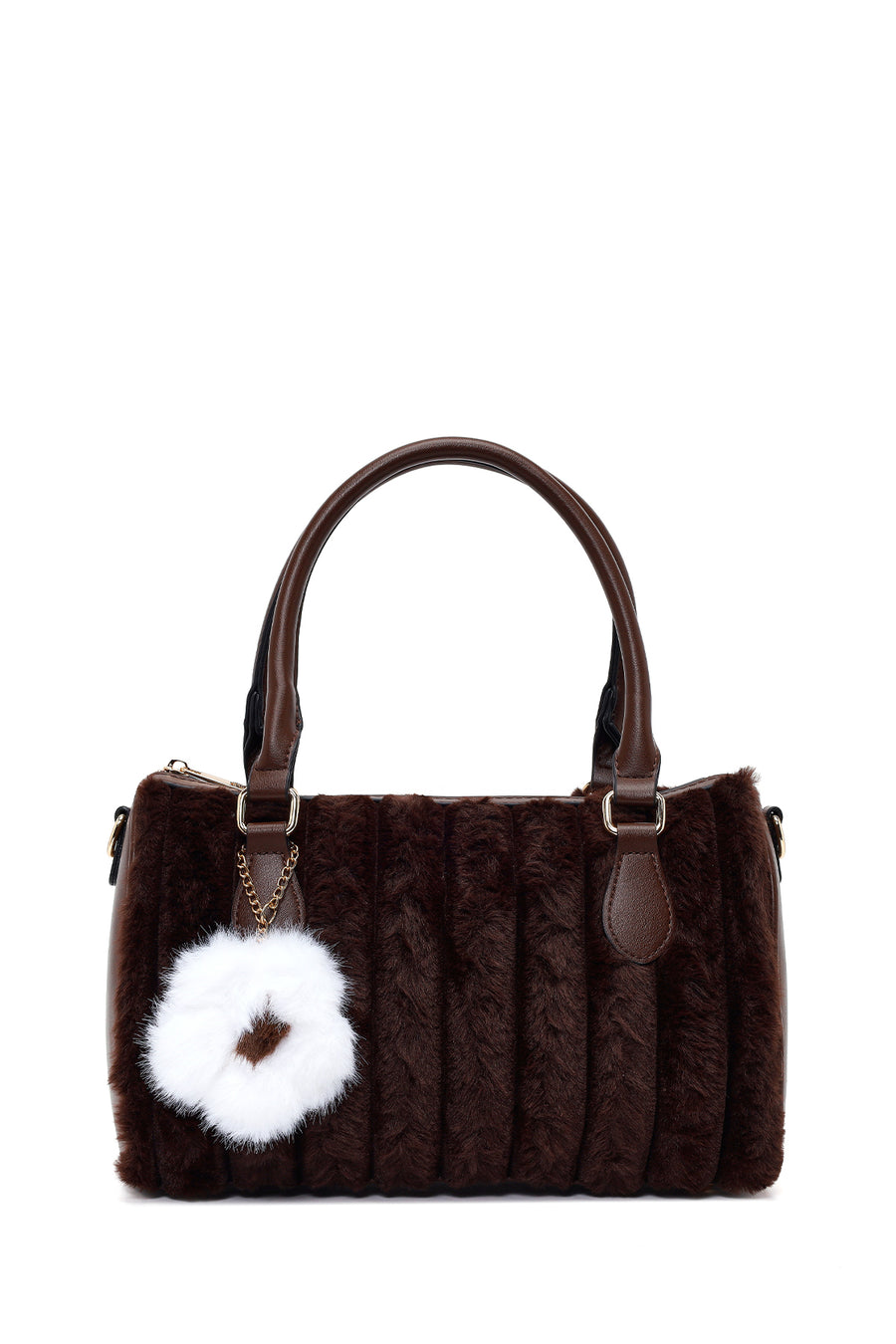 Woman Brown Long-Strap Accessorized Plush Shoulder Bag