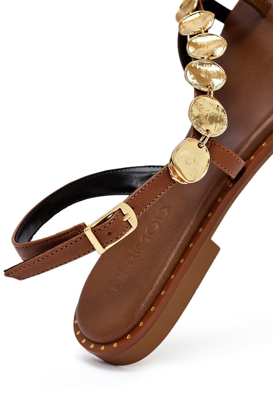 Women's Brown Metal Detailed Flip-Flop Leather Sandals